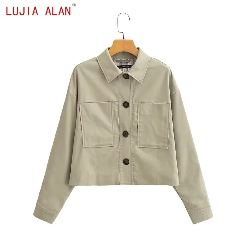 Jackets femininos Autumn Women Women Solid Blended Linen Patch Pocket Coat Casual Casual Manga longa Tops soltos Streetwear Lujia Alan C1899 230821