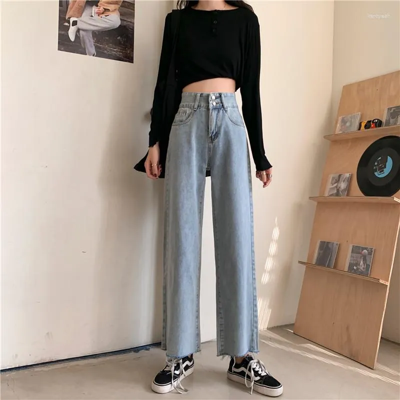 Jeans feminino Estudante de moda de verão Blue de cintura alta emagrecer casual perna larga calça reta Versão coreana y2k calças