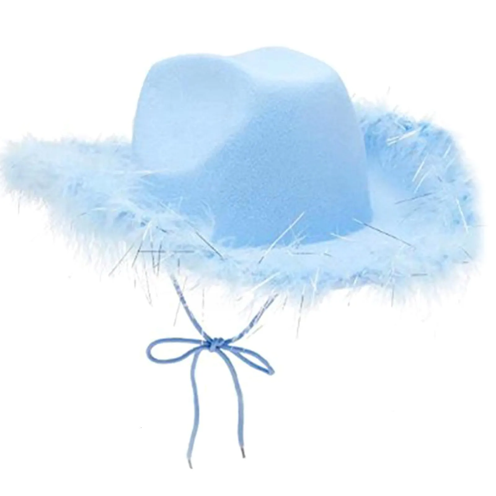 Large Brim Chapeaux Seau Western Cowboy Caps Bleu Cowgirl Chapeau pour Femmes Fille Tiara Costume De Vacances Parti Sequin Plume Bord Fedora 230822