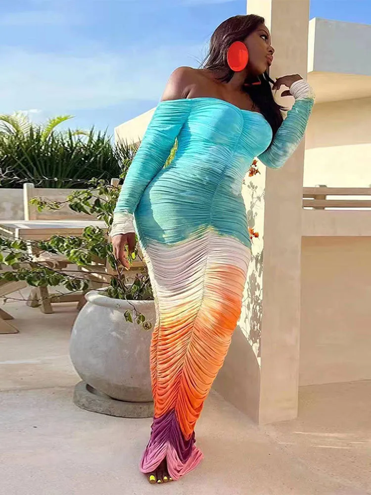 Robe décontractée de base dégradé Tie Dye imprimé épaule dénudée manches longues Maxi Midi moulante robe froncée 2023 Sexy Party Club femme 230822