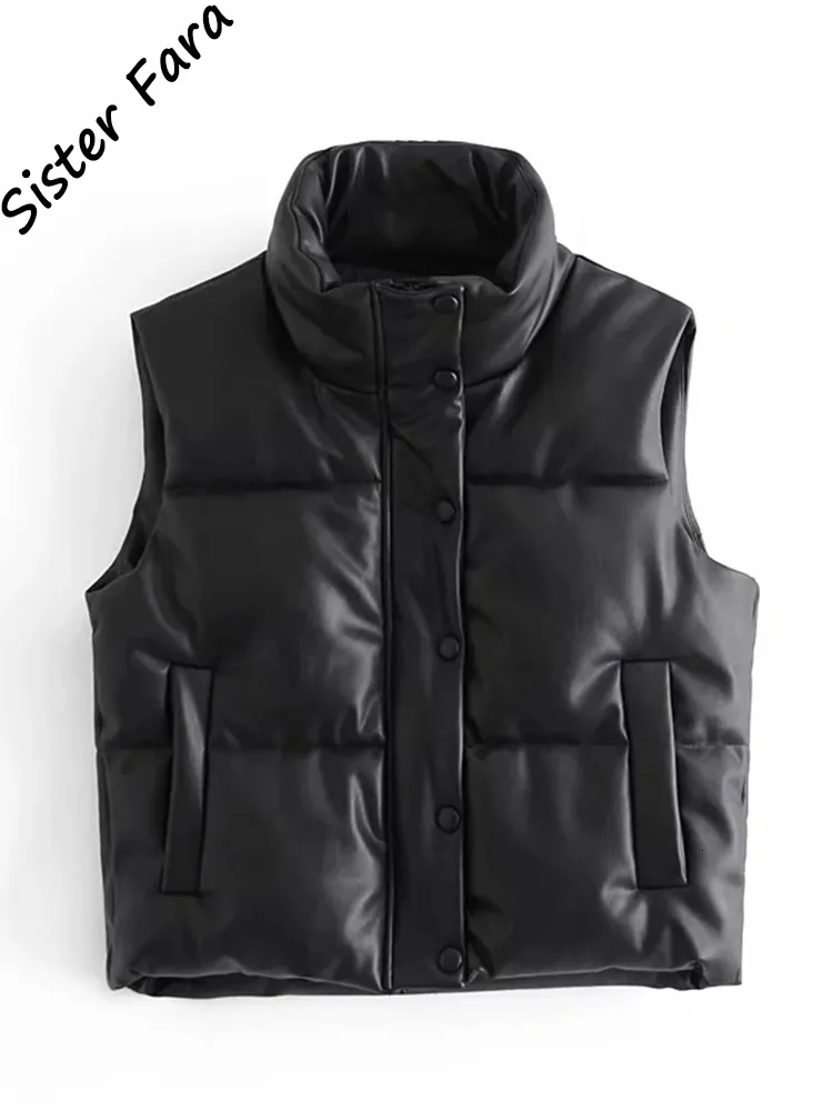 Men S Jackets zuster Fara Pu Leather Coat Dames Black Stand Kraagvesten Mode Zipper Elegante herfst Winter korte vrouwelijke dames 230822