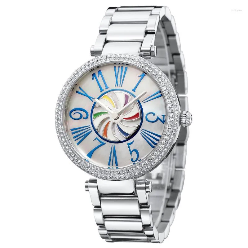 Orologi da polso da donna in argento Fashion Quart Pearl Natural Big Face Ruota orologio da polso a vento colorato per acciaio inossidabile