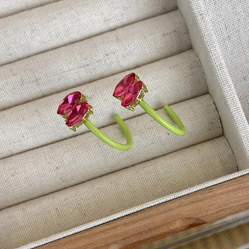 Boucles d'oreilles pendantes VSnow Bling Rose rouge vert contraste couleur cubique Zircon boucles d'oreilles pour femmes Ins Style C forme métal bijoux