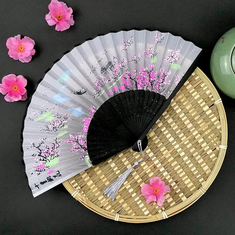 Blue and White Bamboo Folding Fans: Chinese Style Silk