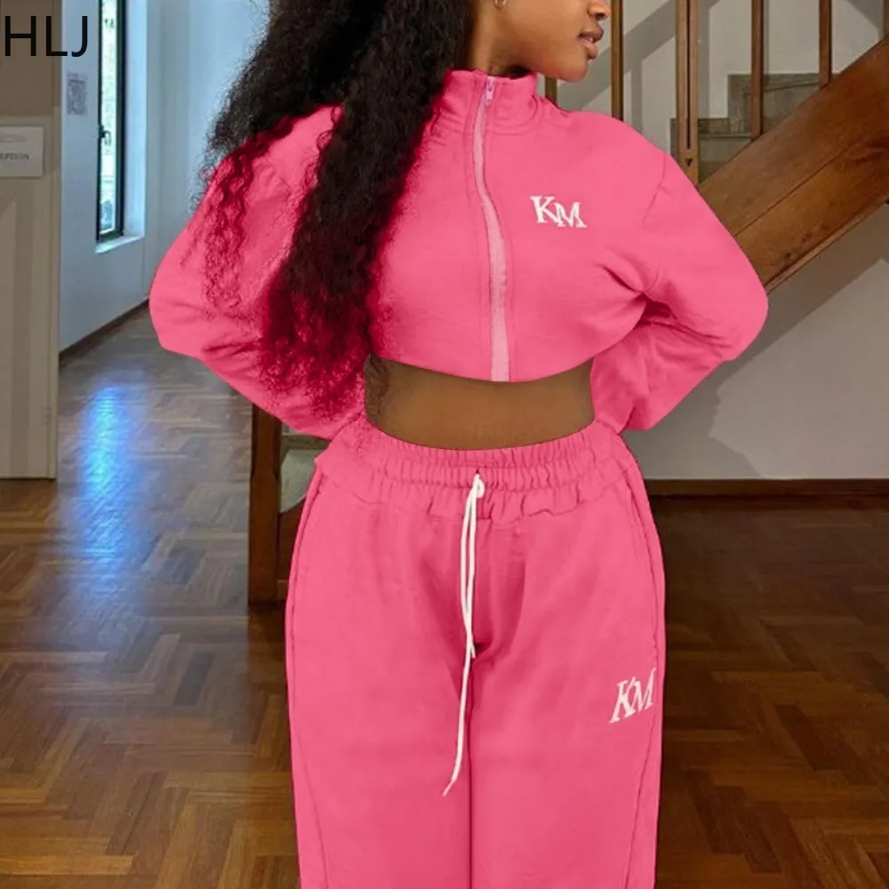 Women Dwuczęściowe spodnie HLJ Pink Zipper Tracksuit Sports 2 sztuki Zestaw jesienny stojak bluzy kołnierzyki Suit Street Casual Fresnpants Stroje 230821