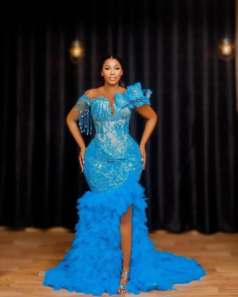 2023 August Aso Ebi Blue Mermaid Prom Dress Beaded Lace Crystals Evening Formal Party Second Reception Birthday Engagement Gowns Dresses Robe De Soiree ZJ7114