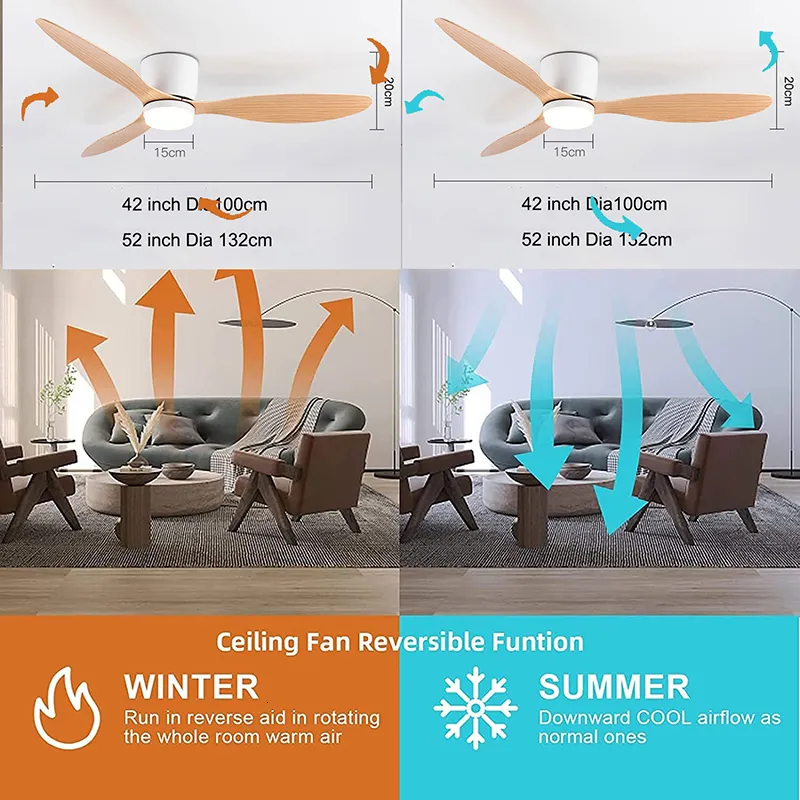 Smart Ventilatore A Soffitto In Legno 52 Pollici Con Luci LED E Telecomando, Motore DC Silenzioso WiFi, Per Interni/Esterni