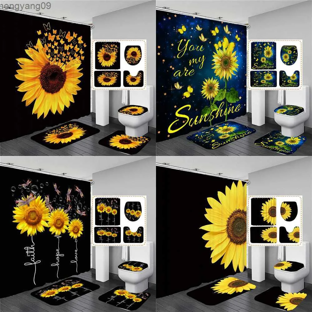 Rideaux de douche Tournesol papillon rideau de douche ensembles noir jaune Art pays fleur salle de bain décor rideaux tapis de bain tapis couverture R230822