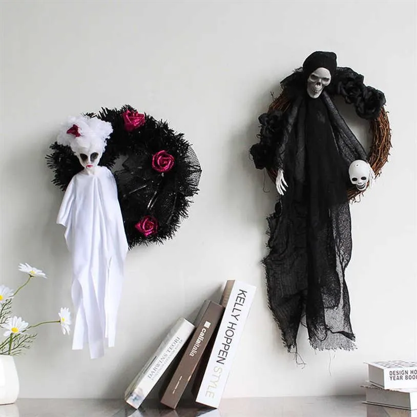 Halloween Black White Ghost Door Hanging Ghost Festival Horror Party Krans Ghost Head Ornamenten Haunted House Decoration Props Q0237Z