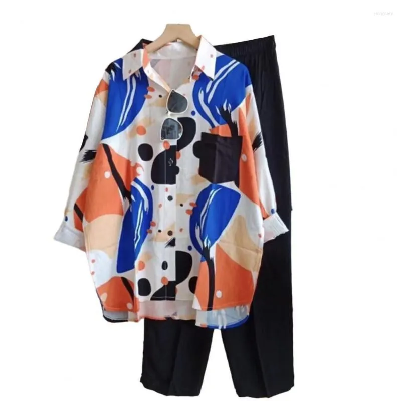 Women's Two Piece Pants 2Pcs/Set Women Outfit Shirt Set Colorblock Long Sleeve Loose Autumn Winter Wide Leg Casual Lady Blouse