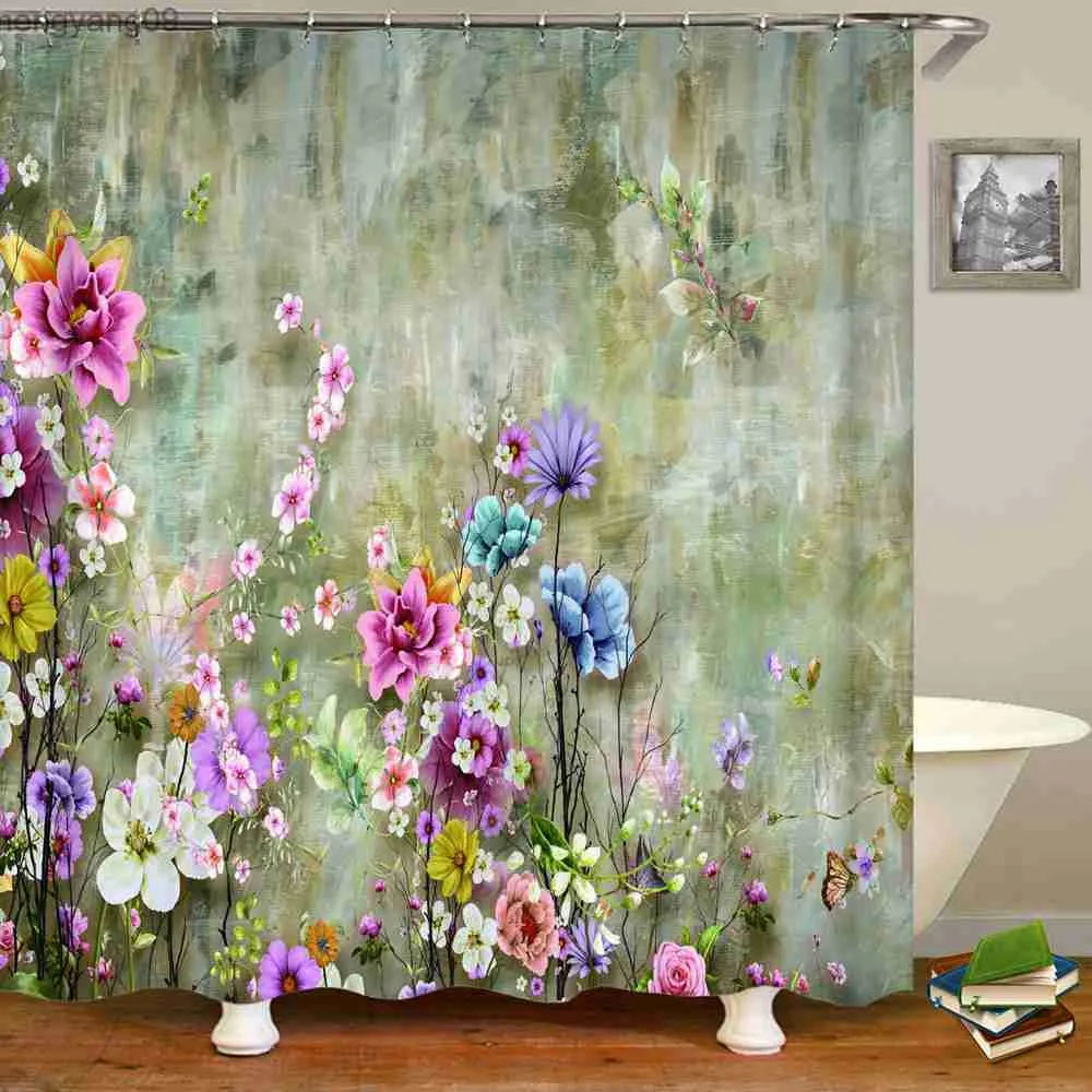 Rideaux de douche Rideau de douche de style fleurs rideau de douche imprimé floral coloré 3D avec rideau de décoration intérieure imperméable 180x180 R230822