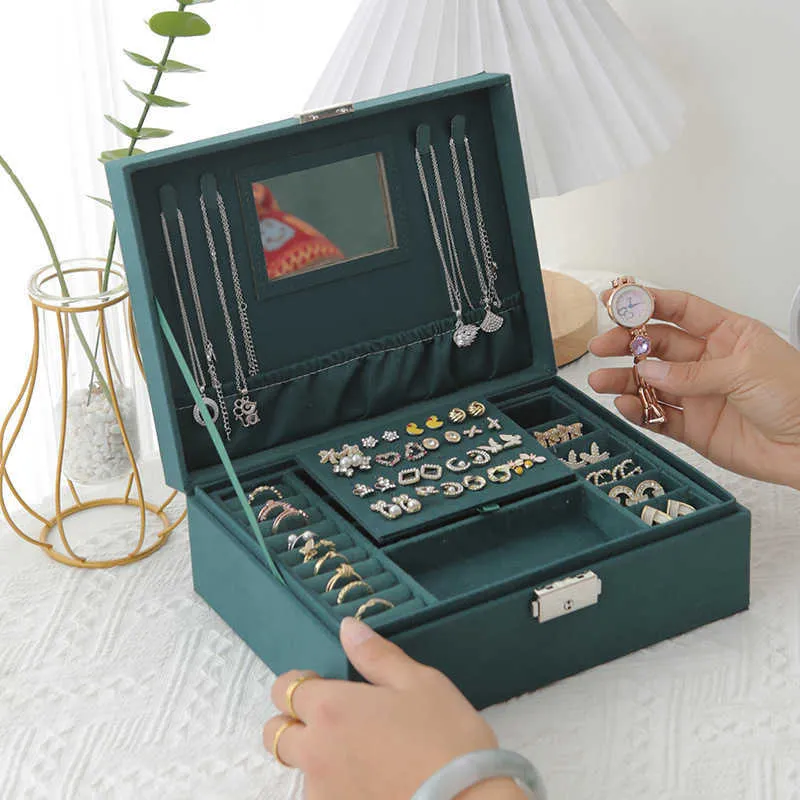 Mirrored Velvet Jewelry Box Organizer oorbellen ringen ketting opslagcase met slotspiegel vrouwen meisjes cadeau 230814