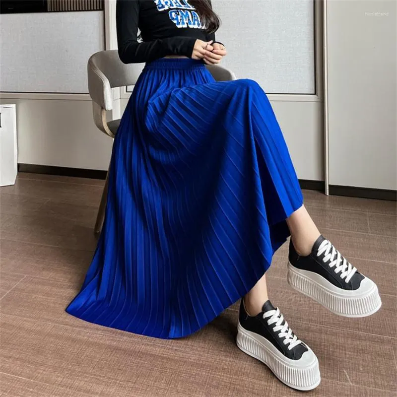 Skirts Elegant Long Womens Solid Pleated Midi Elastic Waist Maxi Skirt Korean Fashion Black Jupe Longue Femme