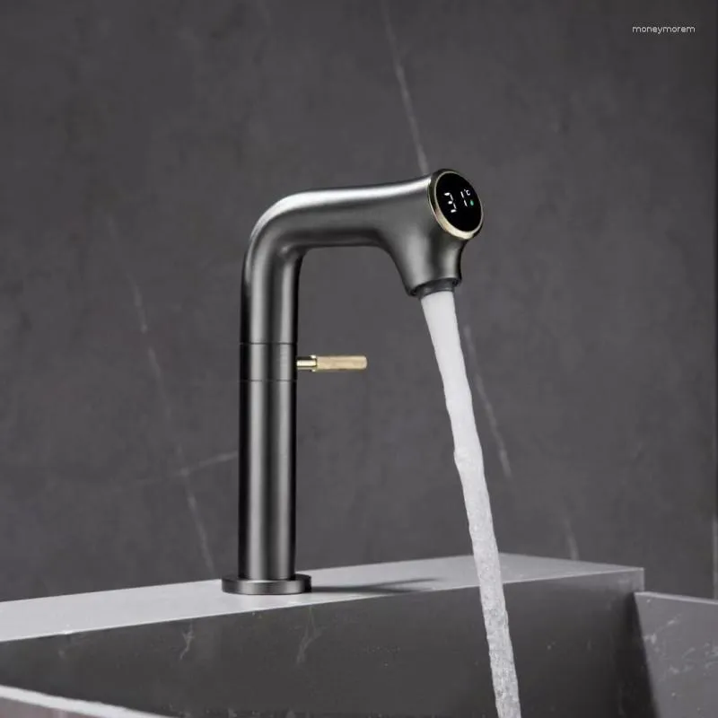 Bathroom Sink Faucets Gray Gold Basin Faucet Brass Lead Free Single Handle Digital Display And Cold White Mixer Tap