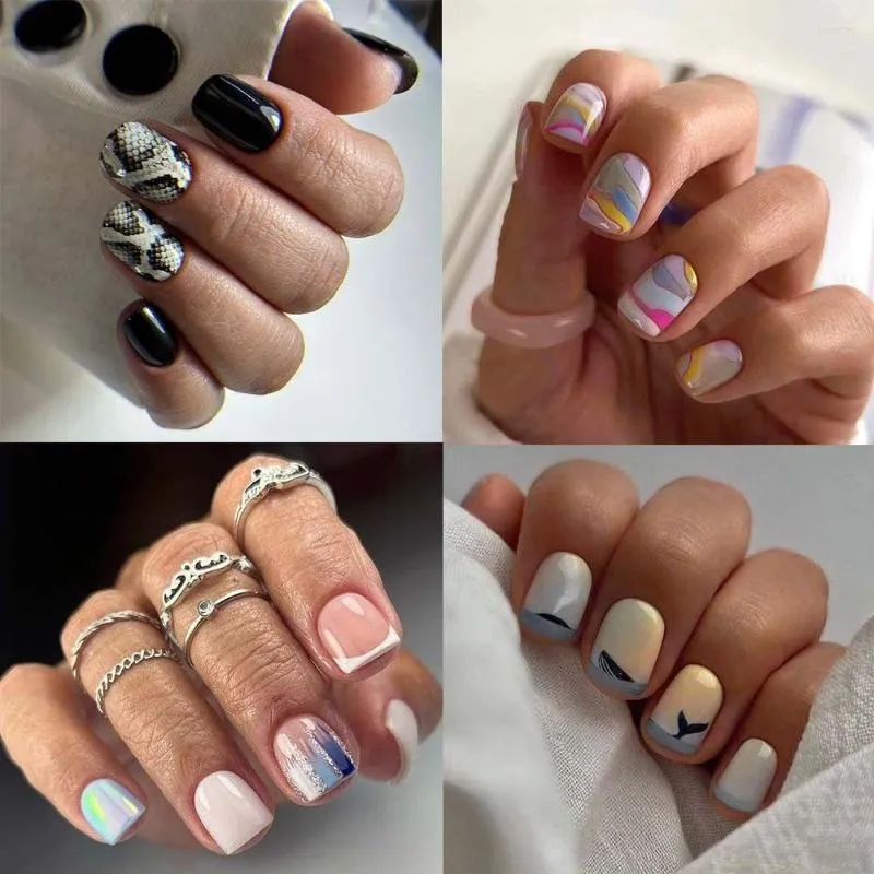 Falsas unhas pretas de cobra preta manicure colorida francesa dicas de unhas curtas redondas