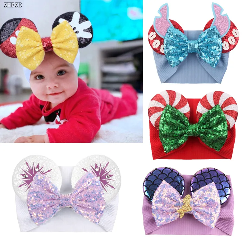 Accesorios para el cabello Lentejuelas 5 "Lazo para el cabello Orejas de ratón Diadema Waffle Tela Turbante Headwrap Niñas Giltter Festival Accesorios Niños Halloween Hairband 230821