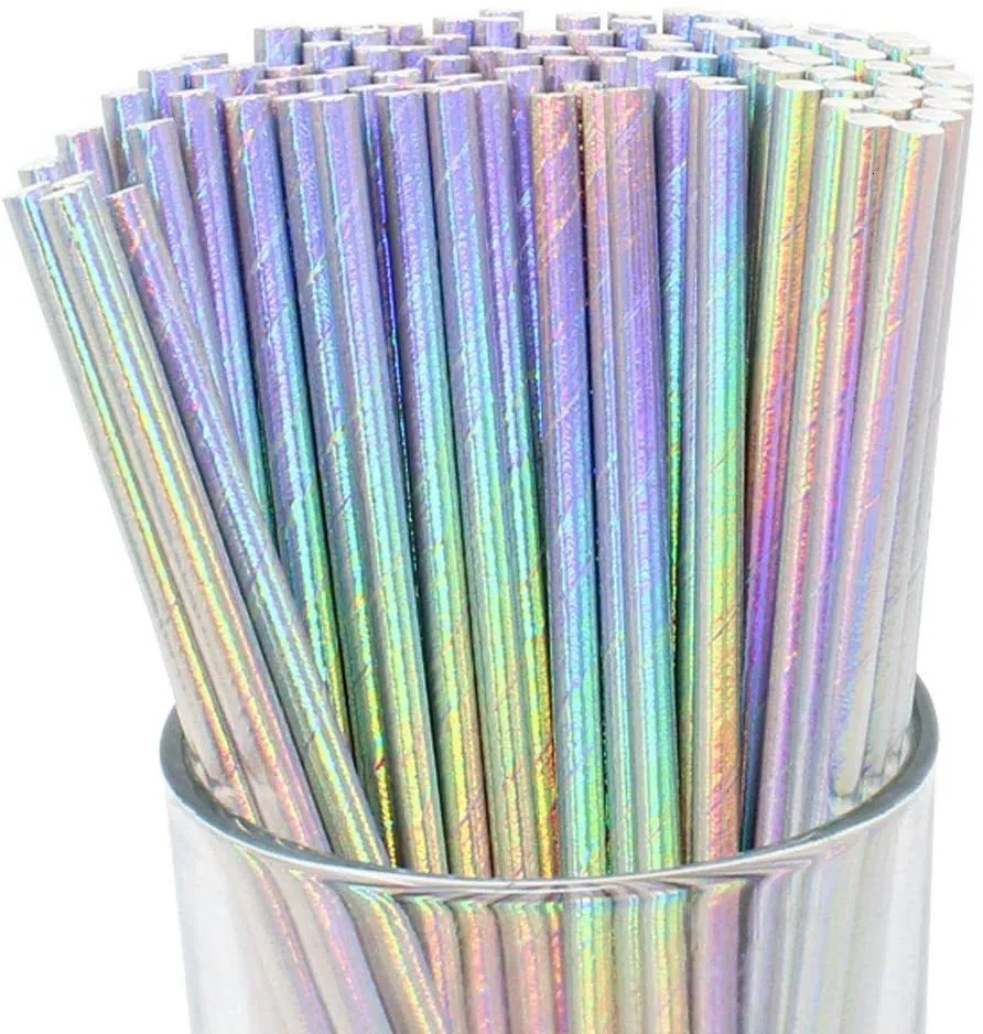 Other Event Party Supplies Iridescent Disposable Drinking Paper Straws Biodegradable Cocktail For Birthday Baby shower Wedding 230822