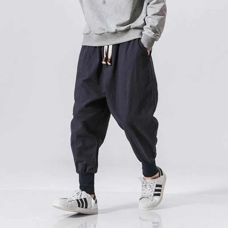 Męskie spodnie bawełniane lniane spodni harem dla mężczyzn 2023 Solid Elastyczne talia streetwearu joggery hip hop kroplowe krocze swobodne spodnie