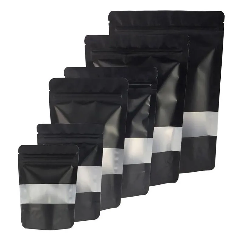 Bolsas de embalagem Bolsa de self Self Slow Black Mylar Self Smell Proof Alimento com janela clara da bolsa de papel alumínio selvagem de embalagens de varejo DRO DHW4M