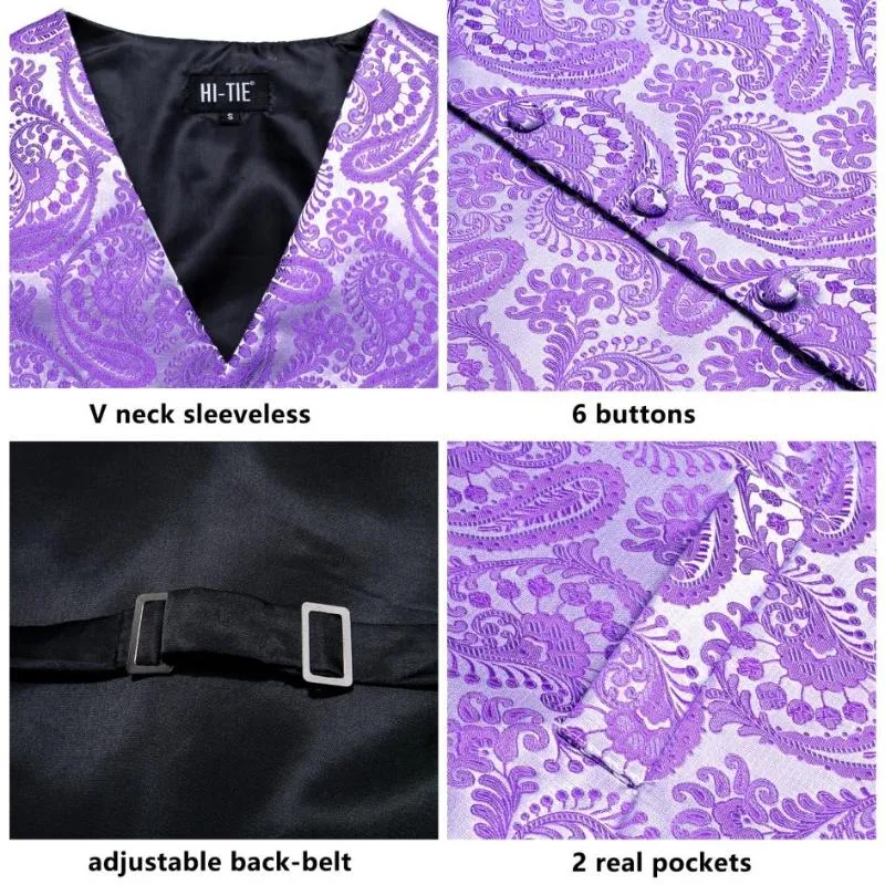 Herrenwesten Lila Lavendel Lila Seide Herren Weste Krawatte Set Ärmellose Jacke Anzug Weste Krawatte Einstecktuch Manschette Hochzeit_voghion.com
