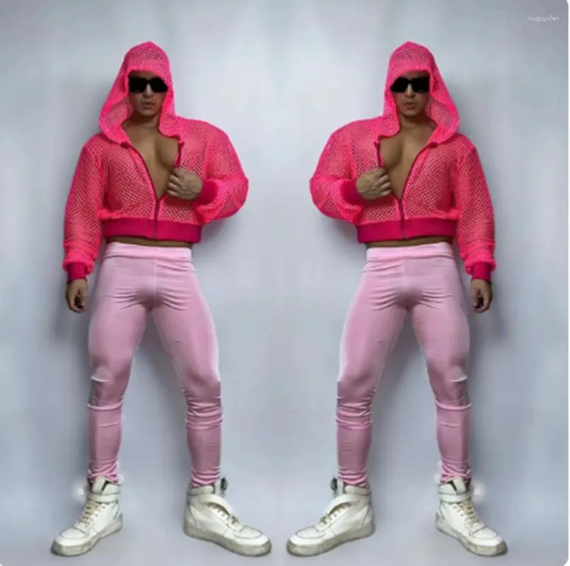 Stage Draag Volwassen mannelijke hiphopdans Kostuum fluorescentie roze hoodie Skinny broek nachtclub Gogo -kleding Rave Outfit