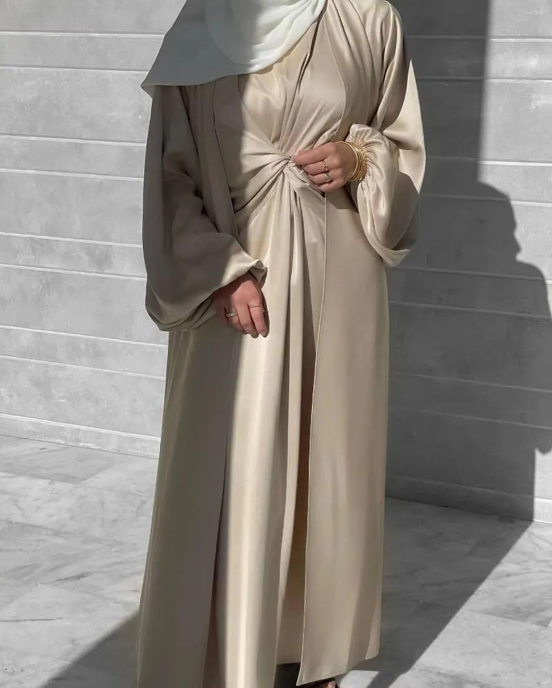 Roupas étnicas muçulmanas cetim abaya 2 peças conjunto hijab wrap vestido abayas abayas quimono mulheres roupas islâmicas dubai peru modesta correspondência