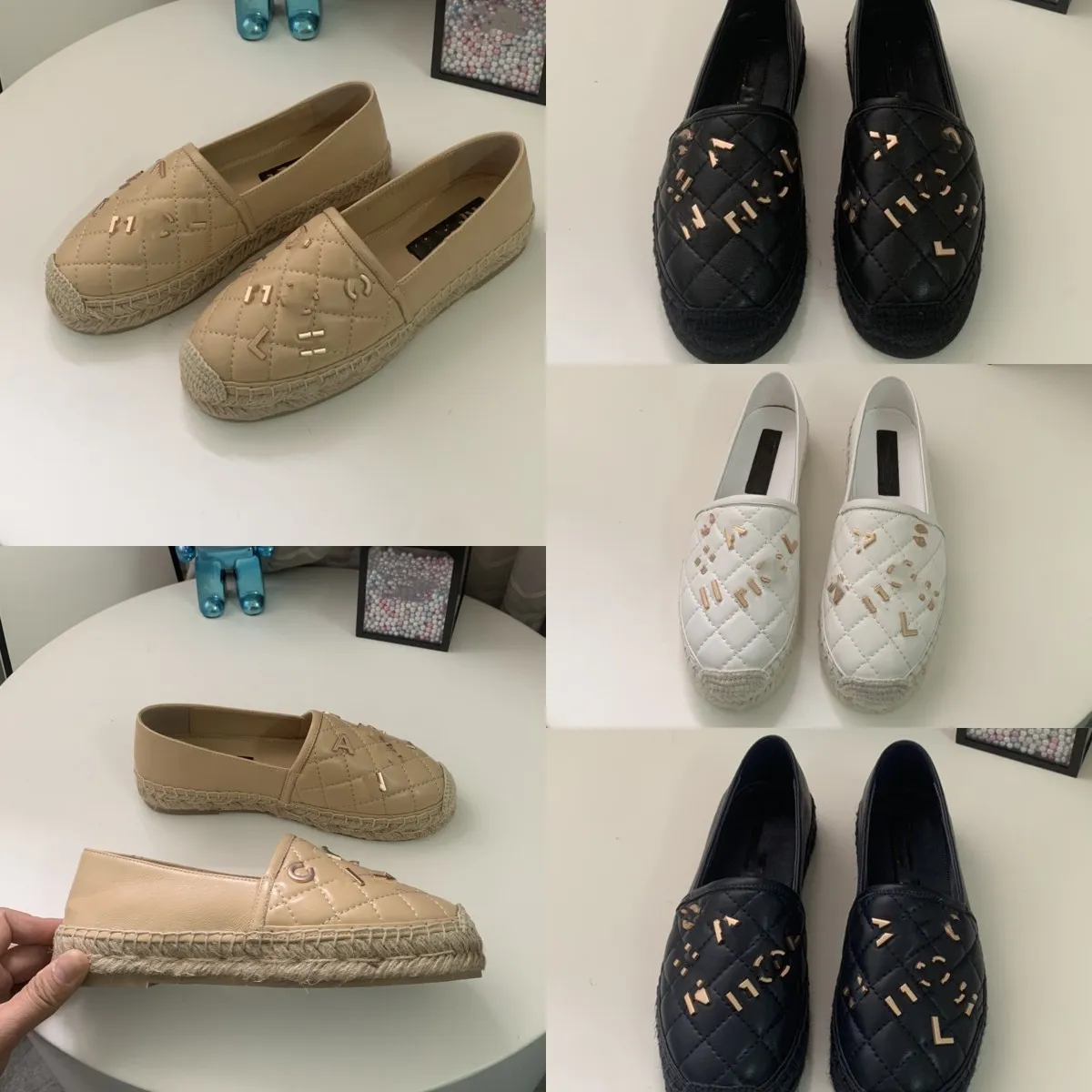 Chanells Chanelity Quested Platforma Chanei Espadrilles TOP BOOAFR BUTY ZMARANIE C Slajdki Złota Letter Bluckle Flats Kobiety Sandał Rafia Słomka Dna Fishe