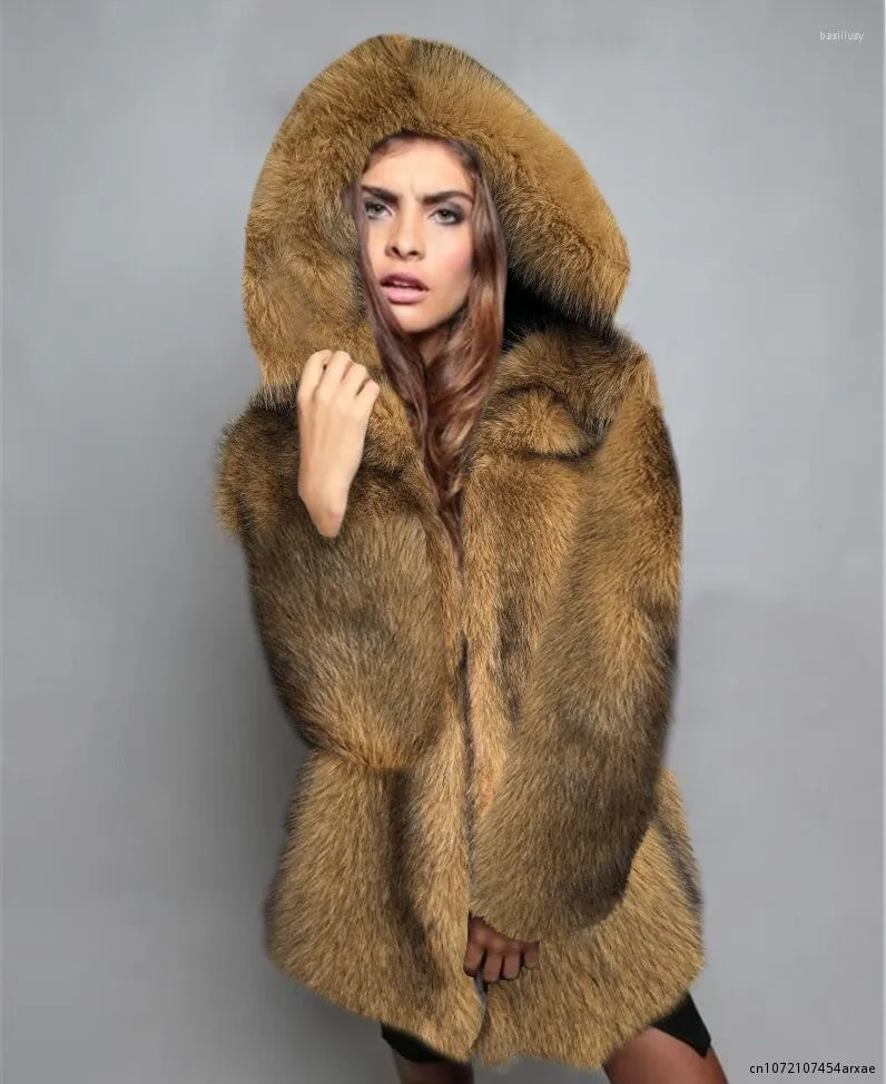 Manteau Capuche pais En Fausse Fourrure Pour Femme Veste Mi