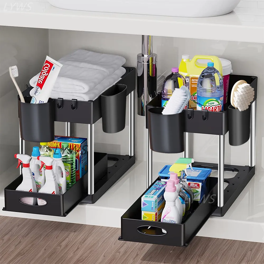 Under Sink Organizer and Storage, 2 Tier Rustproof Under Cabinet Storage,  Sliding Kitchen Sink Organizer for Kitchen Bathroom