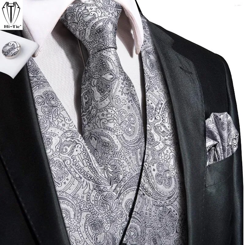 Мужские жилеты Hi-Tie Silver Grey Paisley Silk Mens Mens Tie Set Set jacquard waistemoat рука