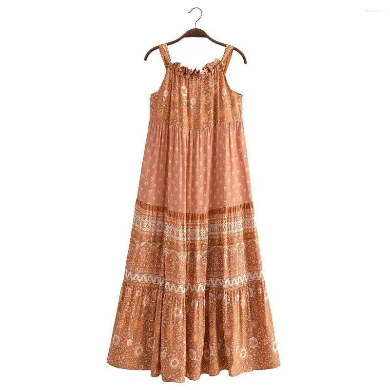 Casual Dresses Bohemian Vacation Hippie Wear STEnvelesss Rayon Cotton Floral Print Maxi Dress Summer Beach Vestidos Mujer