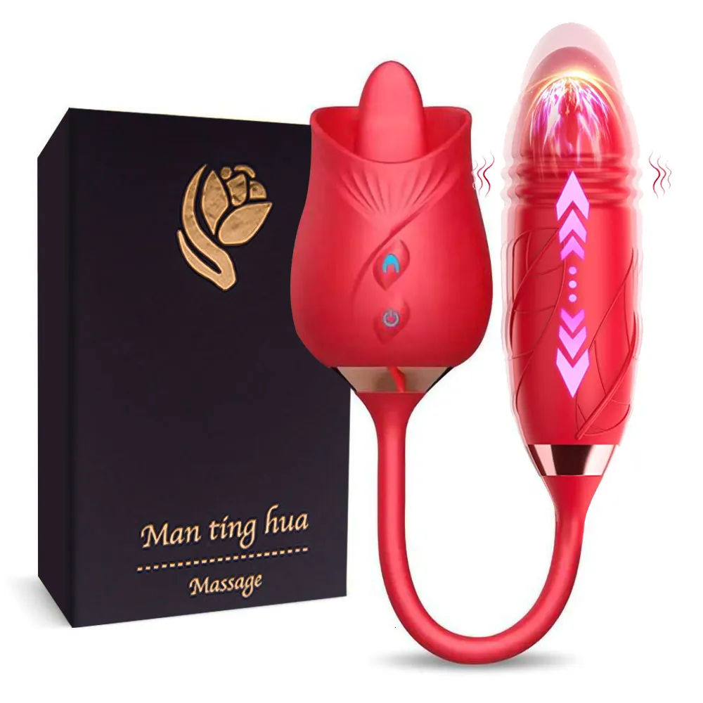 Vuxna leksaker rose sex dildo tryckvibrator för kvinnor klitoris stimulator tunga slickande sträckande vuxna varor vagina bollar kvinnlig 230821