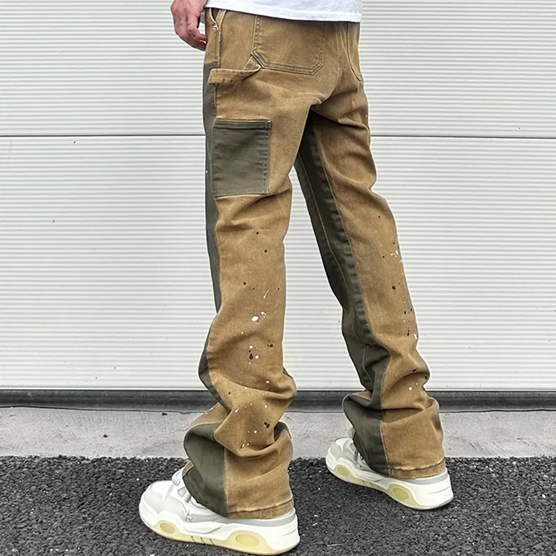 Y2K Men's Splash Ink Painted Micro Elastic Denim Logging 