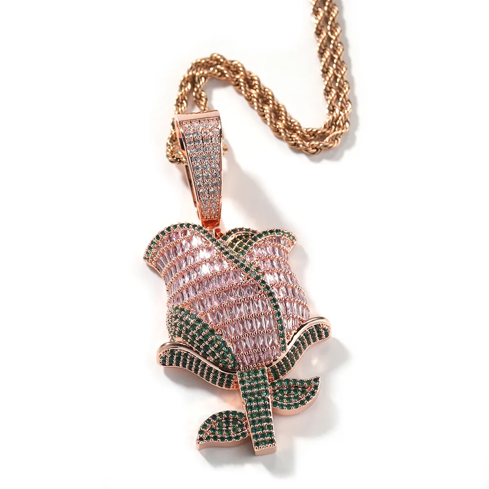 Hip Hop charme colorido zircão rosa flor pingente de pingente de pingente legal presente de zircão completo 18k jóias de ouro real de ouro