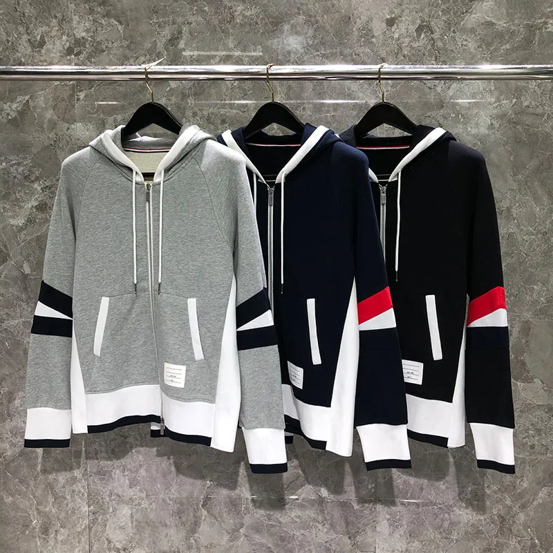 Patchwork Hoodie Cardigan Color Contrast Zipper Men Loose Casual Coat