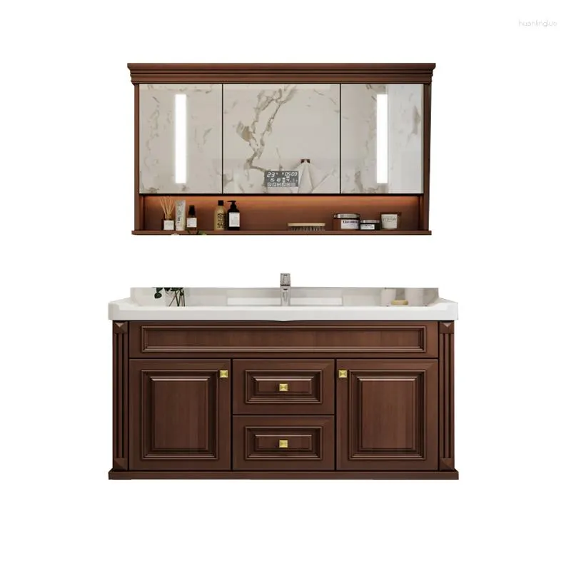 Ensemble d'accessoires de bain, armoire de salle de bain intelligente américaine, combinaison murale en bois massif, lavabo de lavage des mains, miroir