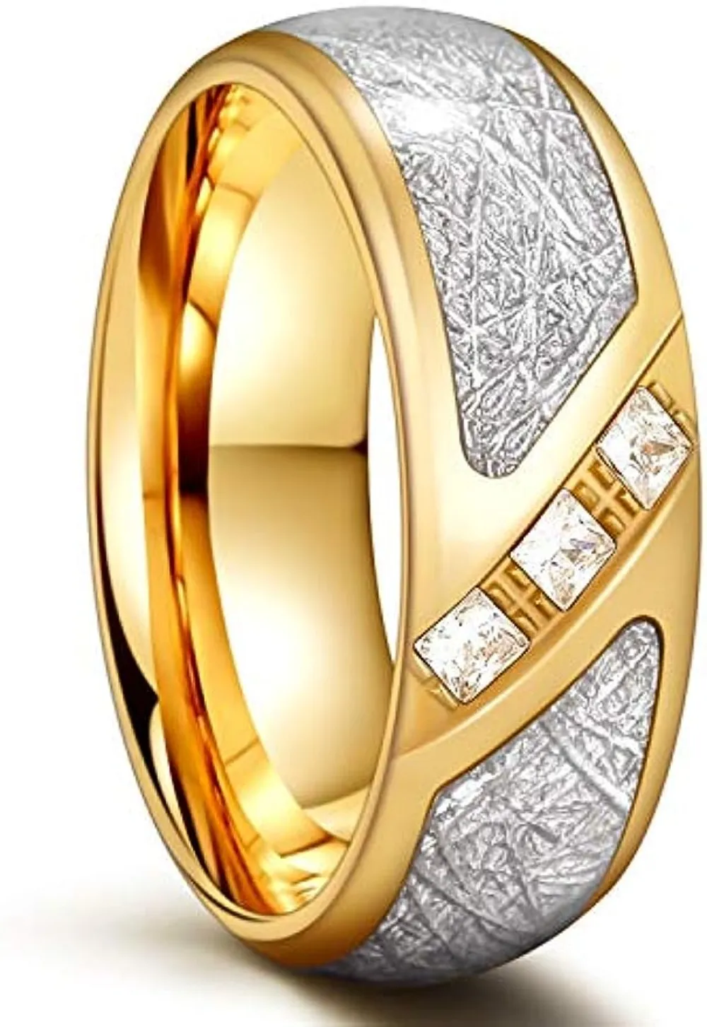 8mm Stainless Steel Ring for Men, 24K Gold Meteorite Cubic
