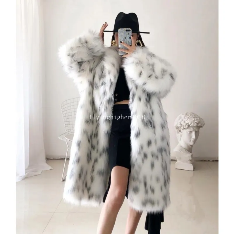 Kvinnor vinter ny faux räv päls coat lady casual skarvad leopard tryck päls jacka kvinnlig tjock varm lång plysch ytterkläder furet