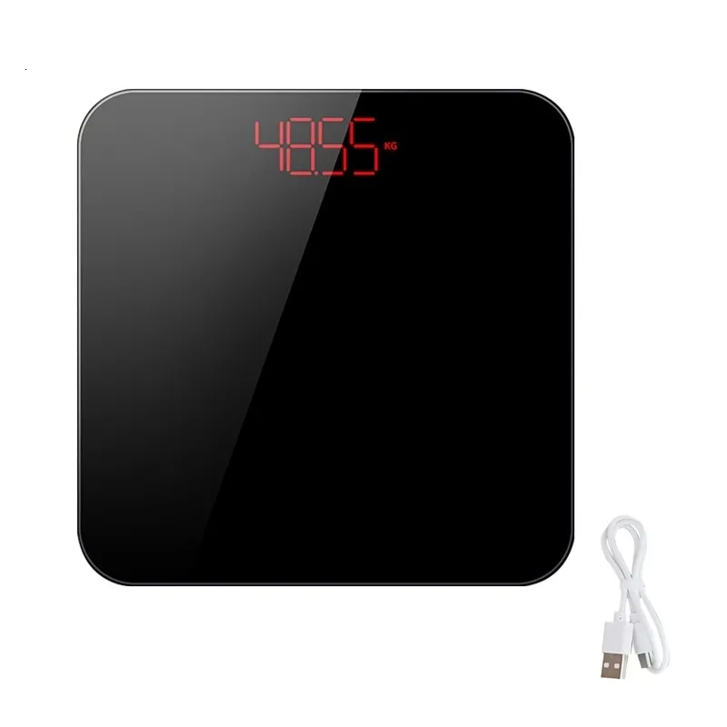 Kroppsvikt skalar lätt hemgymgym smal USB -laddningsbar 180 kg härdat glas praktisk digital digital display universal badrumsskala 230821