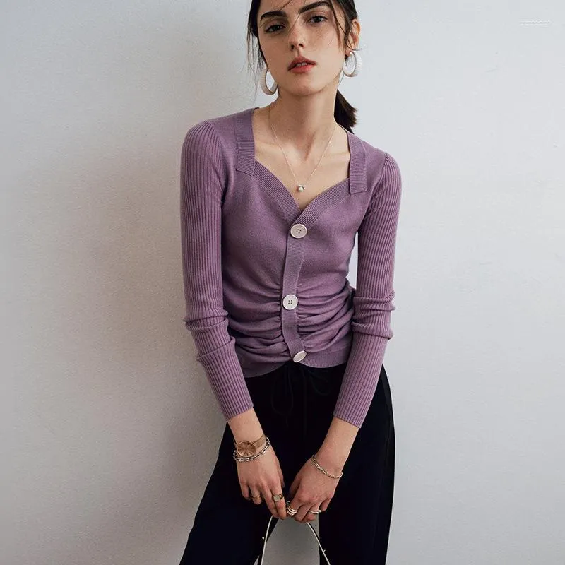 Pulls pour femmes col carré printemps manches longues femmes tricot violet couleur boutons froncé plis dame haut court pulls