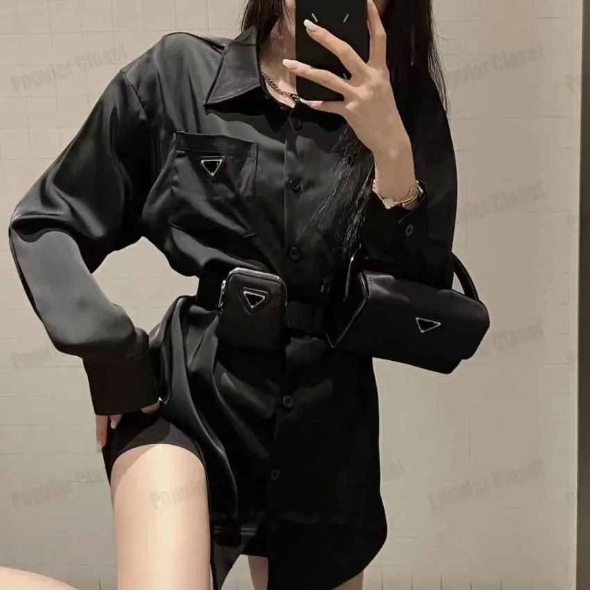 Sashes Blouse for Womens Designers Triangle Letter Shirts Tops Quality Chiffon Women`s Blouses Sexy Coat with Waist Bag pra Women`s shirt
