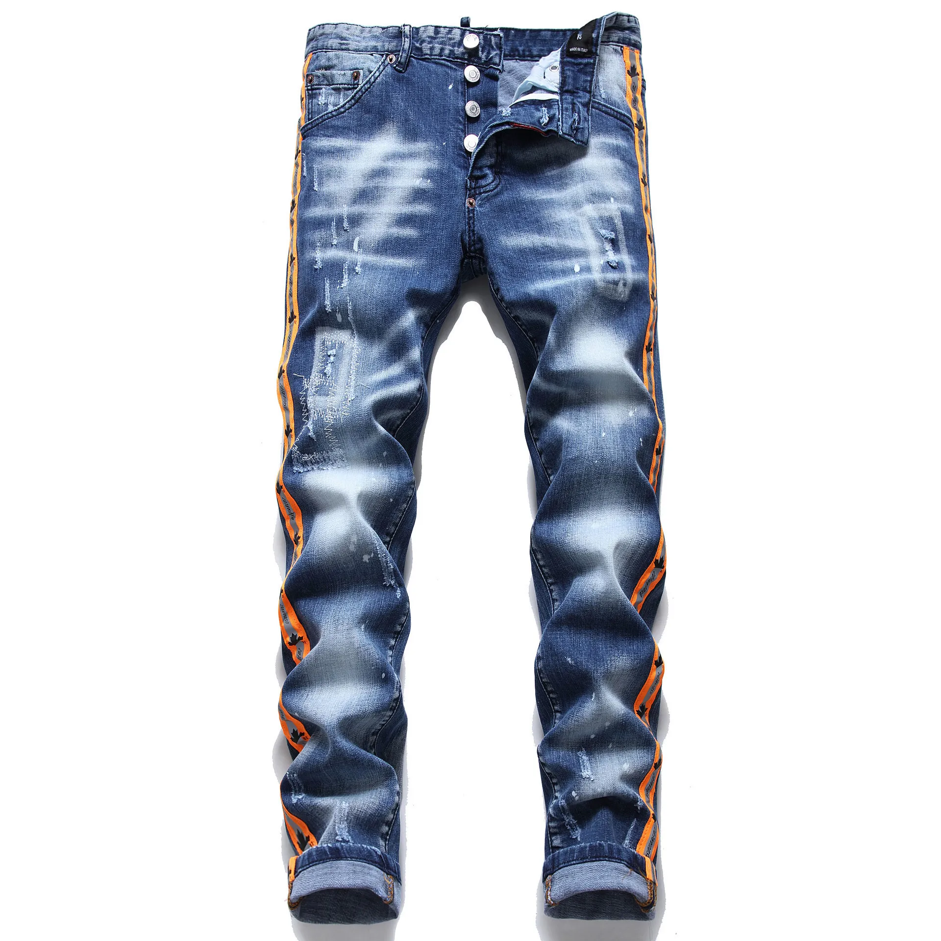 Mäns jeans smala passande vita stretch jeans med sidor orange band täta tiggare byxor