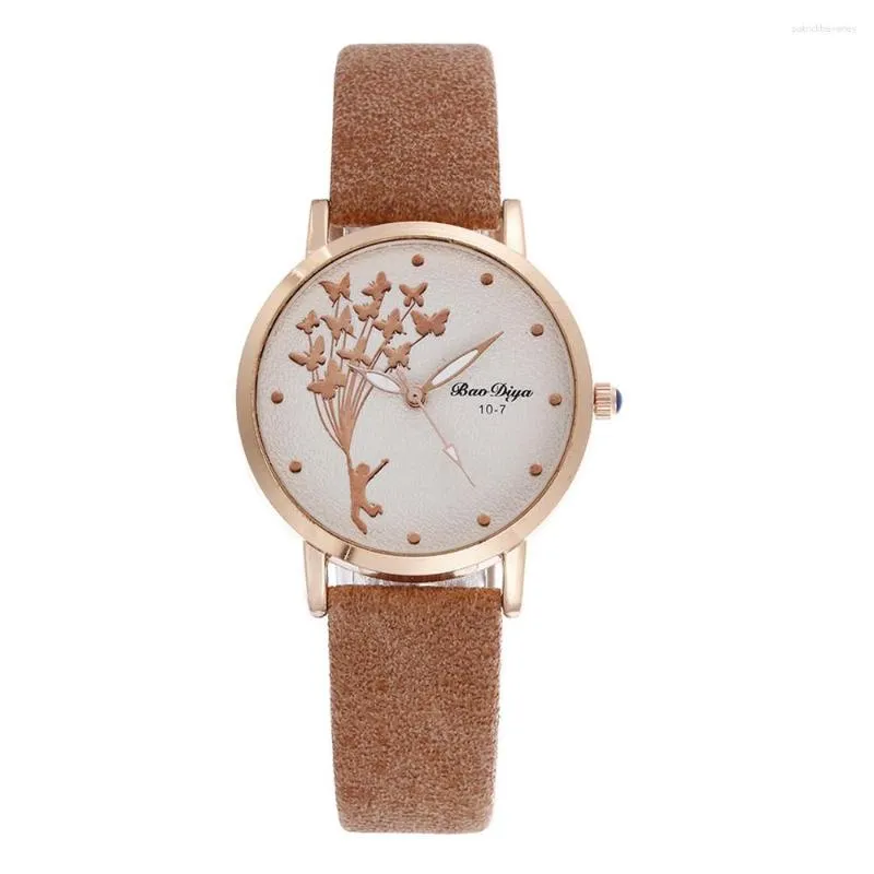 Polshorloges Simple Casual Brown Women Quartz Watch Butterfly Elegant horloges Vintage lederen dames