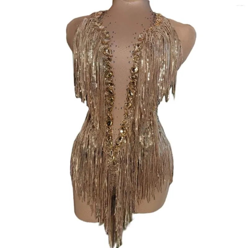 Stage Wear 4 Colors Rhinestones franjes turnard sexy Tassel Bodysuit Jazz Dance kostuum uit één stuk Dancer Performance Show