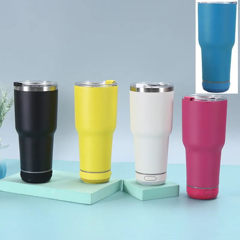 30oz Musikhögtalare Tumbler med sugrör lockar dubbelväggiga rostfritt stål kaffekoppar som dricker tumlar med trådlös Bluetooth -högtalare avtagbart LED -ljus