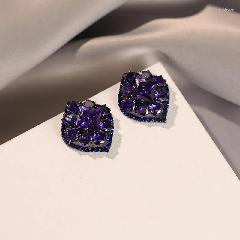 Brincos de garanhão charme feminino geométrico de zircão roxo Casamento de cor prata para mulheres jóias pretas da moda de luxo