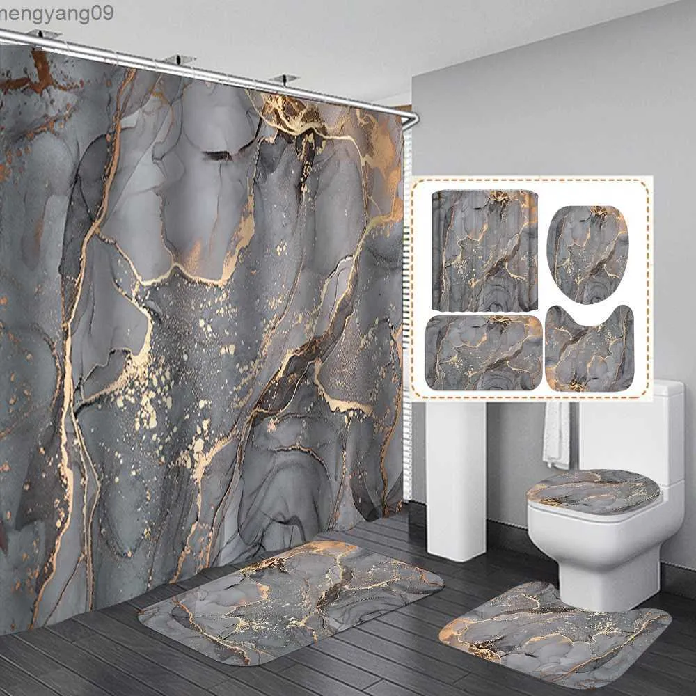 Shower Curtains Abstract Marble Shower Curtain Crack Gold Texture Luxury Stone Grain Bathroom Curtains Cover and Bath Mat Non-Slip Rug R230829