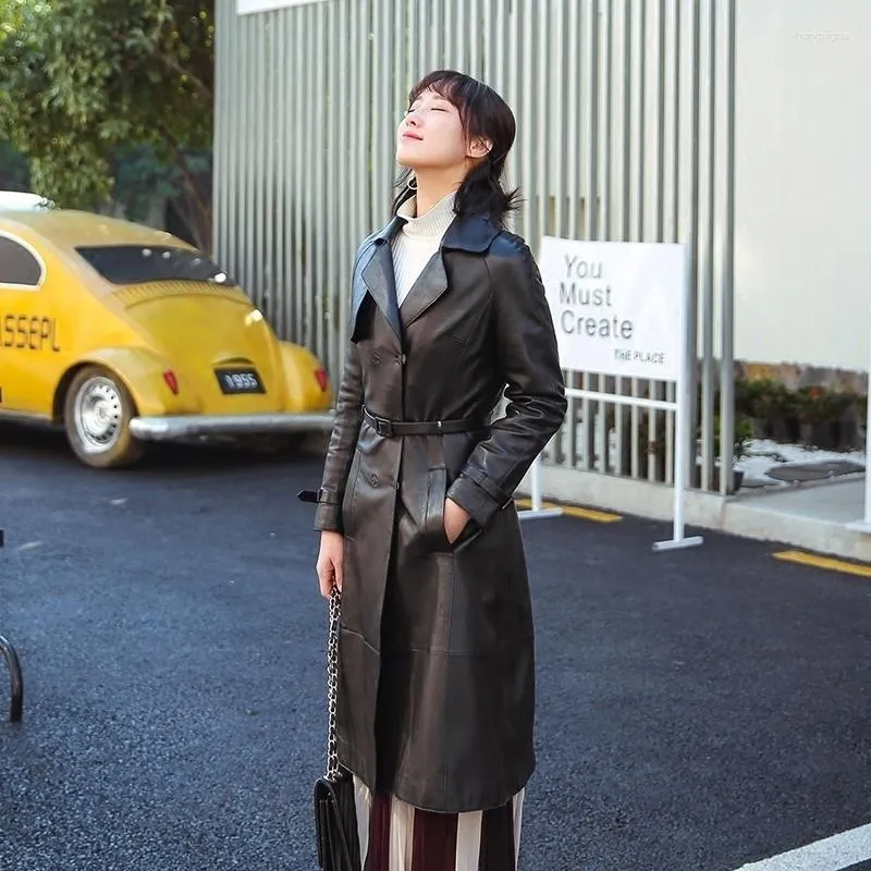 Damesleer 2023 LEATER JAAG Echte vrouwen Koreaanse schapenvachtjacht vrouwelijke lange trench lente herfst femme veste qbl