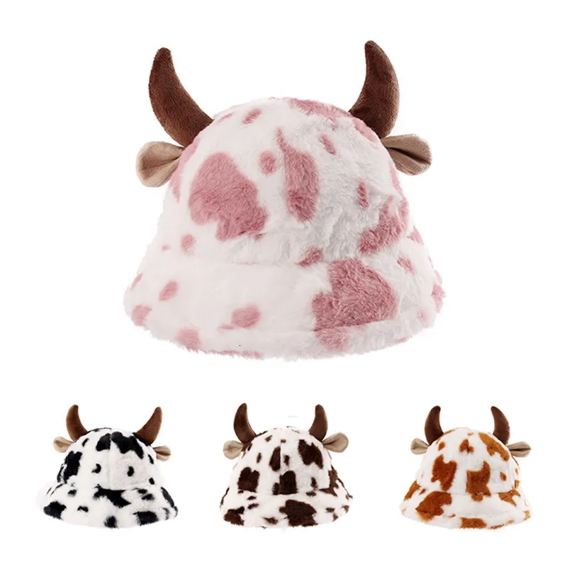 Wide Brim Hats Bucket Autumn and winter cow print horn fisherman hat female Korean fashion plush thickened warm basin 230821