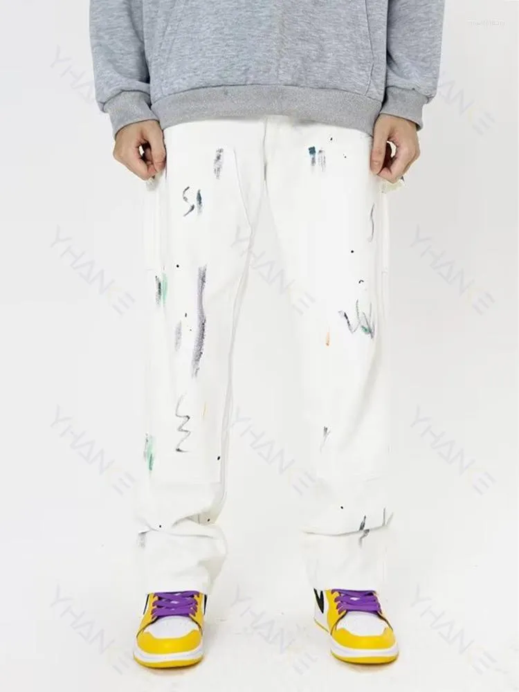 メンズジーンズ不規則なインクスプラッシング完全な印刷カジュアルストリート衣料ファッションパンツストレートレッグホワイトデニム